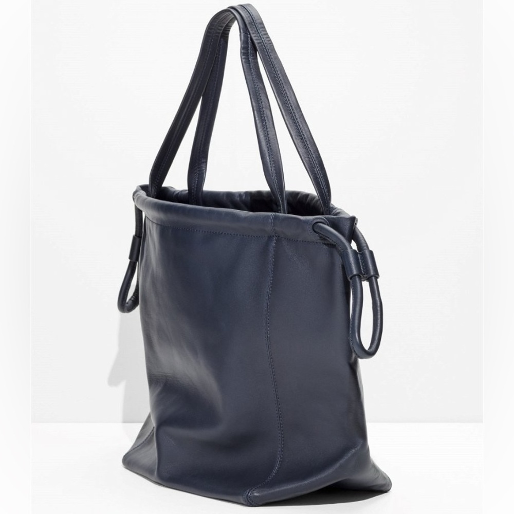 & Other Stories Leather Oversized Drawstring Tote, Navy. - Picture 3 of 12